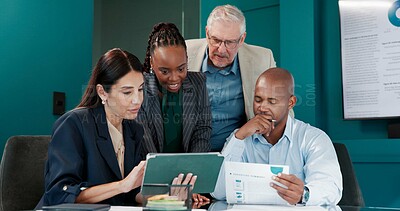Buy stock photo Group, people and meeting with tablet in office for research, planning and finance proposal. Staff, team and digital for brainstorming, review feedback and financial information of investment company