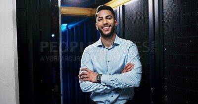 Buy stock photo Happy man, portrait and server room with confidence for network control or cybersecurity service. Male person, technician or IT engineer with smile or arms crossed for connectivity in data center
