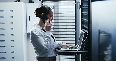 Buy stock photo Server room, laptop or woman with phone call for hardware maintenance, cybersecurity or glitch. Network error, data center or engineer on mobile conversation for IT support, typing or electronic tech