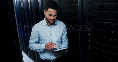 Buy stock photo Man, tablet and typing for inspection in server room, smile and checklist for IT solution at company. Person, cybersecurity and system assessment with tech, app and information technology at agency