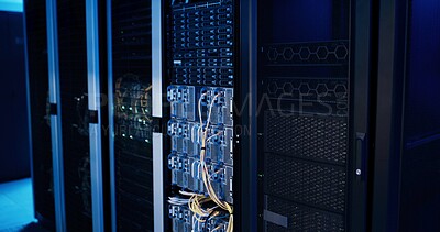 Buy stock photo Empty data center, cables and storage in server room for IT, infrastructure and software security. Interior, power supply and wires for electrical maintenance, hardware systems and database machine