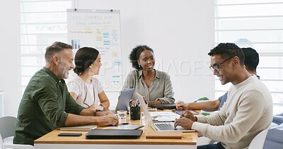 Buy stock photo Laptop, meeting and project management with business people in office boardroom for review. Collaboration, computer and conversation with employee team in professional workplace for discussion