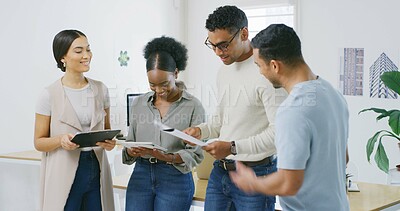 Buy stock photo Business, teamwork and people in workplace, planning and brainstorming with online magazine. Creative agency, cooperation and employees with review, discussion and research for news report and ideas