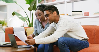 Buy stock photo Documents, finance and laptop with couple on sofa in living room of home together for investment. Budget, computer and paperwork with happy people in apartment for portfolio review or savings
