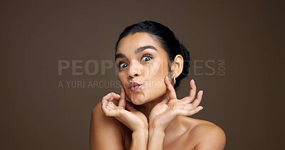 Buy stock photo Woman, skincare and funny face in studio portrait with pout, results or playful with space on background. Girl, model and kiss with lips for natural cosmetics, dermatology or beauty in Colombia