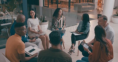 Buy stock photo People, meeting and teamwork in office, conversation and brainstorming for creative project. Group, design team and employees with discussion, planning and ideas for proposal, feedback or cooperation