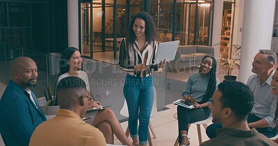 Buy stock photo Coaching, laptop and meeting with business people in office together for education or training. Computer, development and presentation with employee woman talking to colleague group for workshop