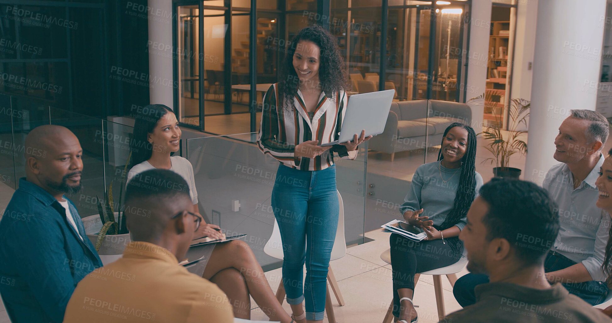 Buy stock photo Coaching, laptop and meeting with business people in office together for education or training. Computer, development and presentation with employee woman talking to colleague group for workshop