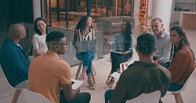 Buy stock photo People, meeting and teamwork in office, brainstorming and feedback with creative project. Group, design agency and employees with discussion, planning and ideas for proposal, support or cooperation