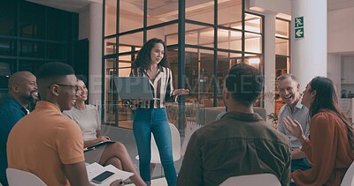Buy stock photo Laptop, meeting and presentation with business people in office together for education or training. Coaching, computer and development with employee woman talking to colleague group for workshop