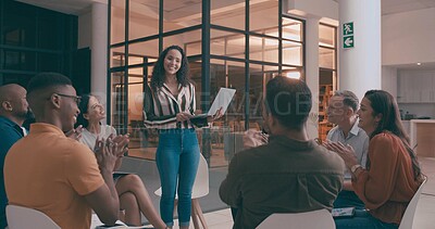 Buy stock photo Applause, laptop and presentation with business people in office together for education or training. Clapping, computer and development with employee woman talking to colleague group for workshop