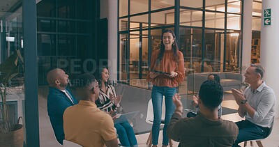 Buy stock photo Applause, laptop, meeting with business people in office together for education or training. Clapping, computer and presentation with employee woman talking to happy colleague group for workshop