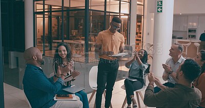 Buy stock photo Speaker, people and meeting with applause in office for good news, success and winner at night. Staff, clapping hands and well done with team, congratulations and recognition for deadline achievement