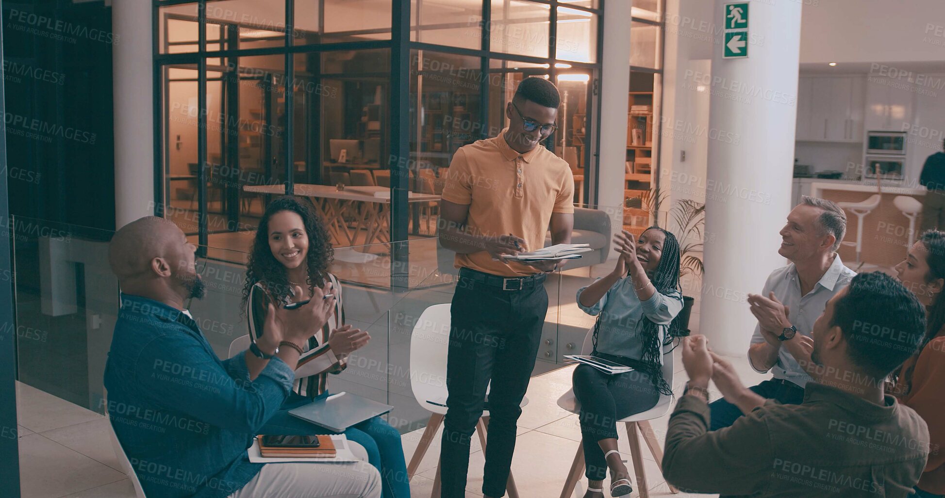 Buy stock photo Speaker, people and meeting with applause in office for good news, success and winner at night. Staff, clapping hands and well done with team, congratulations and recognition for deadline achievement