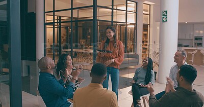 Buy stock photo Meeting, presentation and tablet with applause of business people in office together for success. App, coaching and development with team clapping for woman in celebration of milestone at night