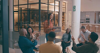 Buy stock photo Woman, staff and meeting with applause in office for good news, success and winner at night. People, clapping hands and well done with tablet, congratulations and recognition for deadline achievement
