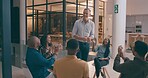 Man, presentation and applause in office, team or congratulations with creative agency. Design group, employees and feedback for project funding, cheering and clapping with bonus, smile and promotion