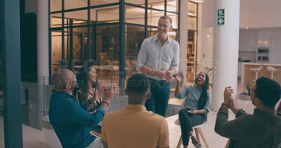 Buy stock photo Man, presentation and applause in office, team or congratulations with creative agency. Design group, employees and feedback for project funding, cheering and clapping with bonus, smile and promotion