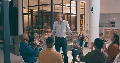 Buy stock photo Mature man, meeting and applause in office for good news, success and winner at night. People, clapping hands and well done for teamwork, congratulations and staff recognition of deadline achievement