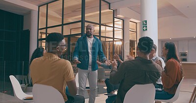 Buy stock photo Man, presentation and night with group, applause or conversation with creative agency. Design team, employees or feedback with victory, congratulations and clapping with promotion, excited or evening