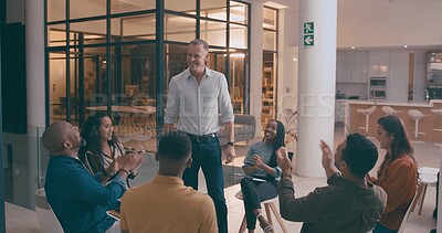 Buy stock photo Group, people and meeting with applause in office for good news, success and winner at night. Staff, clapping hands and well done for teamwork, congratulations and recognition of deadline achievement