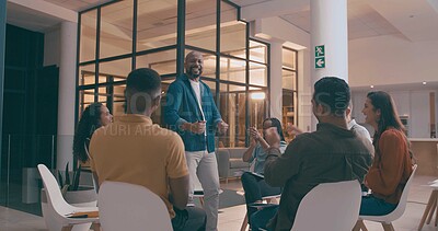 Buy stock photo Happy, businessman and night with applause for team meeting, support group or success in office. Excited, man or employees clapping in late evening for congratulations, trust or building confidence