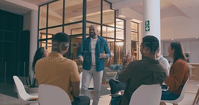 Buy stock photo Man, presentation or applause in workplace, team or communication with creative startup. Design agency, employees or feedback with success, congratulations or clapping with profit increase or excited