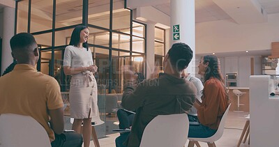 Buy stock photo Woman, presentation and applause in workplace, team or discussion with creative agency. Designer, employees or feedback for project, congratulations or clapping with profit increase and promotion