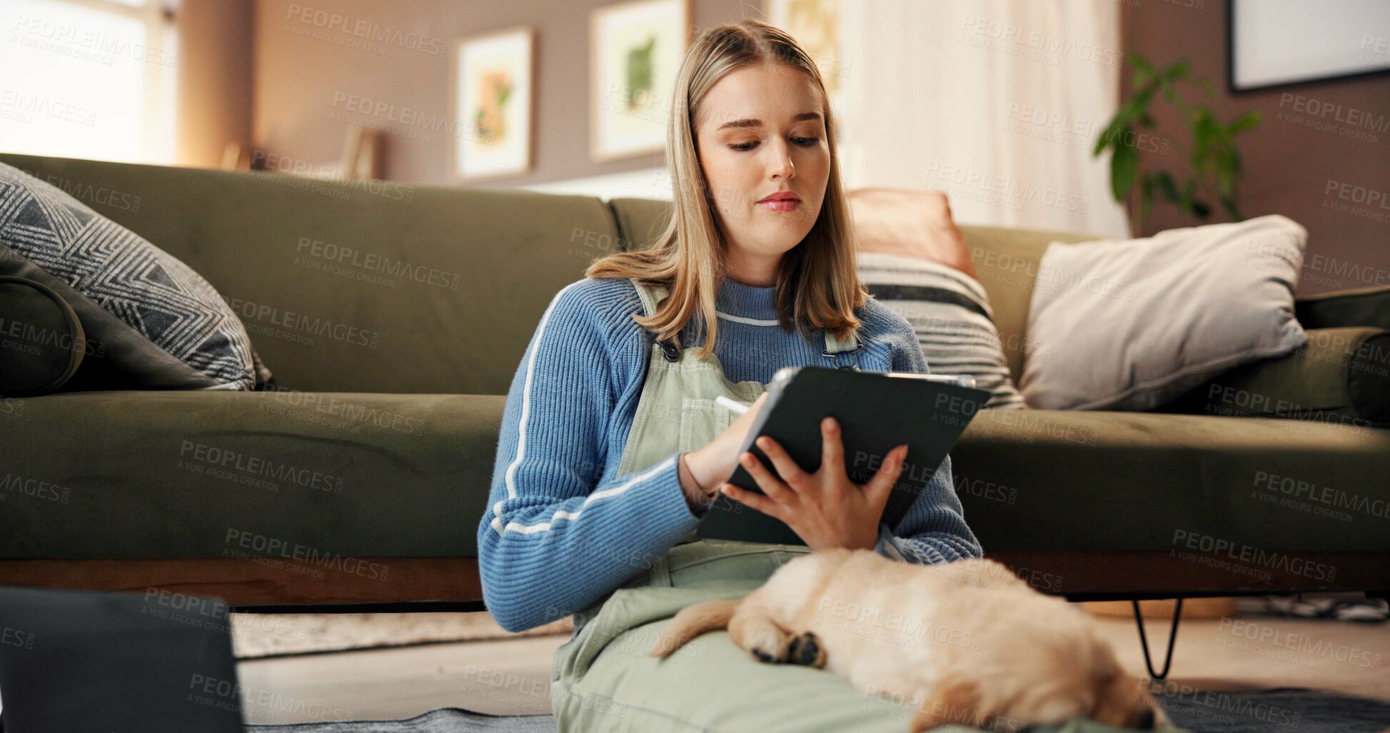 Buy stock photo Tablet, stylus and woman on sofa in house with art, creativity or project for university assignment. Pen, digital technology and female student with graphic design homework for college in living room