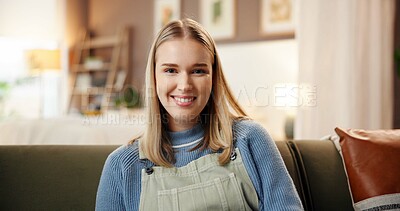Buy stock photo Portrait, happy and woman in living room, relax and chilling on couch in home, weekend or free time. Rest, smile and person on break in lounge, comfortable and peace in apartment and confident in USA