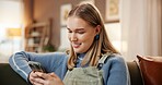 Cellphone, happy and woman on sofa in home with networking, contact or texting on mobile app. Smile, technology and female person on phone for communication, connectivity or social media in house.