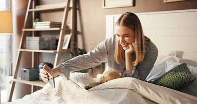 Buy stock photo Happy woman, selfie and dog in home bedroom for social media, picture and relax with love of pet owner. Puppy, animal and connection with content creator, adoption or internet on bed in apartment  