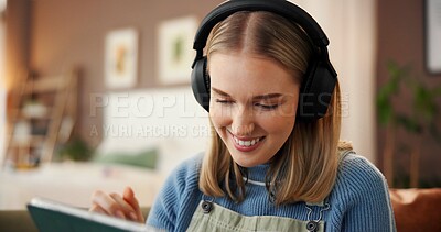 Buy stock photo Happy woman, designer and listening with headphones on tablet for digital drawing in home. Female person, freelancer or music with smile on technology for graphic design, creativity or sketching