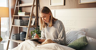 Buy stock photo Happy woman, relax and writer with book in bed for morning inspiration, idea or journal in home. Female person, journalist or copywriter taking notes in bedroom for story, novel or reminder in house