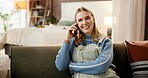 Happy woman, talking or listening with phone call on sofa for communication or conversation in home. Female person, user and chatting with smile on mobile smartphone for friendly discussion in house