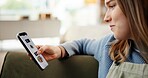 Woman, hands and phone screen with food menu for online restaurant or order on sofa in home. Female person, customer or browsing with mobile smartphone display for takeaway app, choice or selection