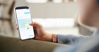 Buy stock photo Person, hands and travel with phone screen for online booking, navigation or vacation activity. Closeup, tourist or mobile smartphone display with website for planning holiday or weekend trip in home