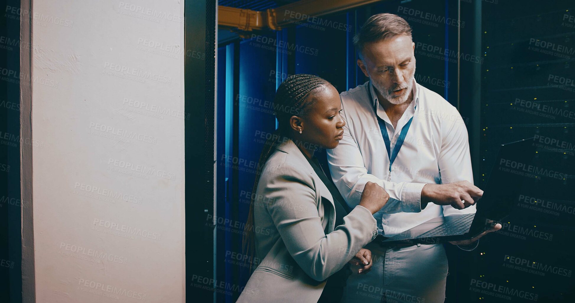 Buy stock photo People, laptop and server room with cyber security, teamwork and advice with engineering. IT specialist, pc and employees with programming, conversation or feedback for hardware upgrade or inspection