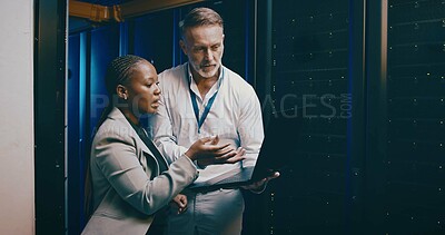 Buy stock photo People, laptop and server room with cyber security, conversation and inspection with engineering. IT specialist, computer and employees with programming, data center and feedback for hardware upgrade