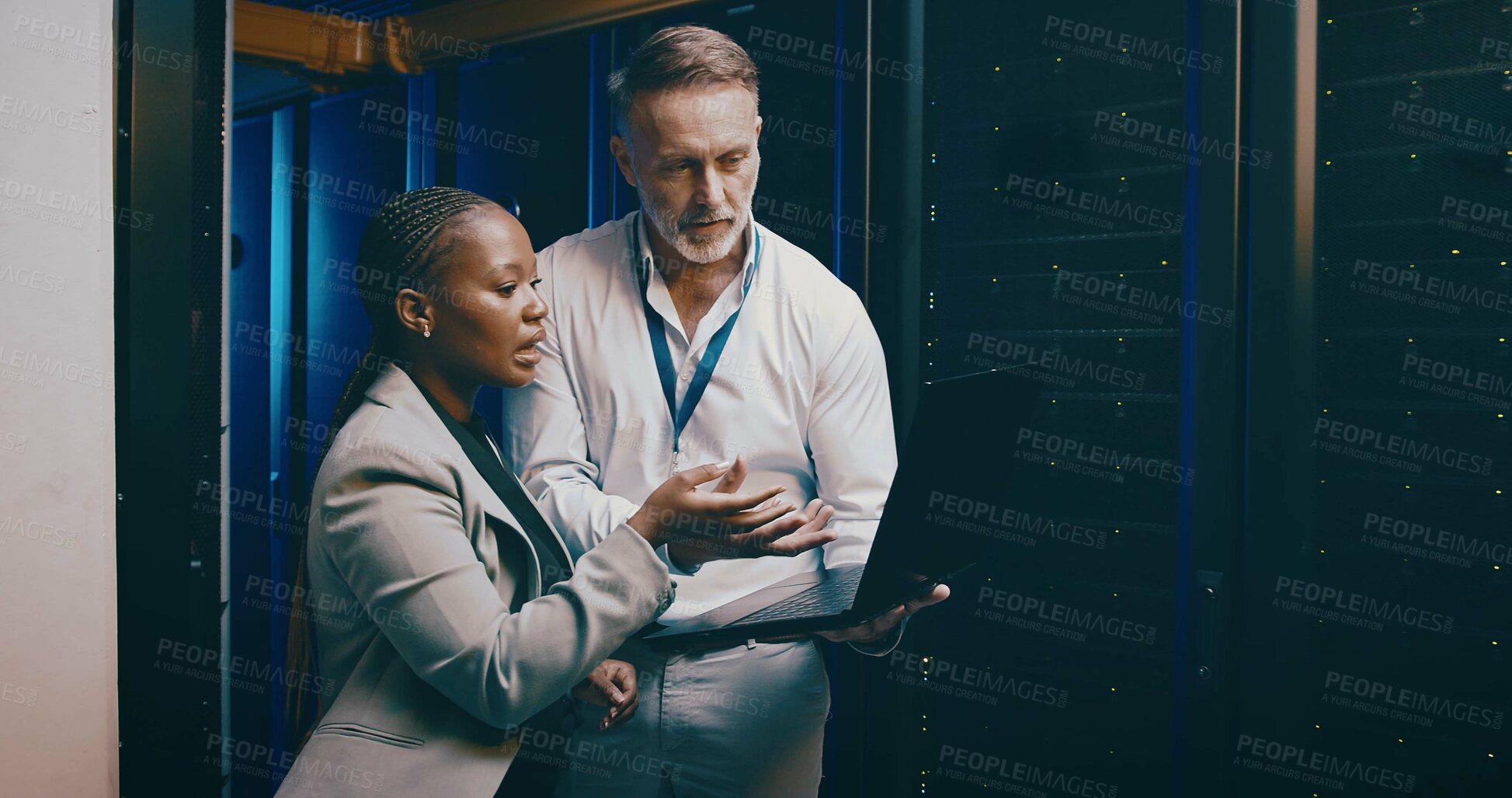 Buy stock photo People, laptop and server room with cyber security, conversation and inspection with engineering. IT specialist, computer and employees with programming, data center and feedback for hardware upgrade