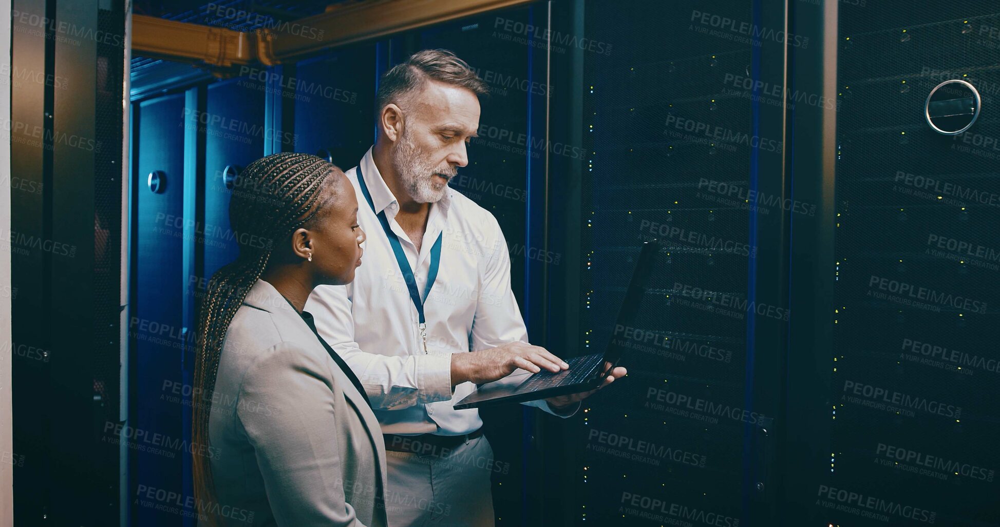 Buy stock photo People, laptop and server room with cyber security, discussion and system solution with inspection. IT specialist, pc and employees with programming, engineering and feedback for hardware upgrade