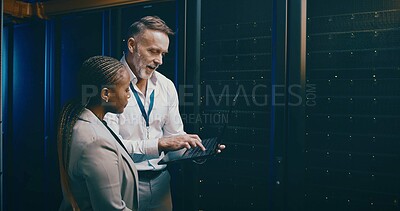 Buy stock photo Laptop, team and people in data center for discussion, system upgrade or IT. Collaboration, computer and engineer in server room for network diagnostics, planning maintenance or training with mentor