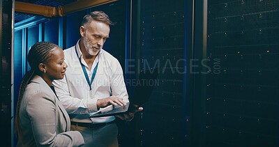 Buy stock photo Cybersecurity, laptop and problem solving with people in server room together for network upgrade. Administration collaboration and computer with tech support team in data center for maintenance