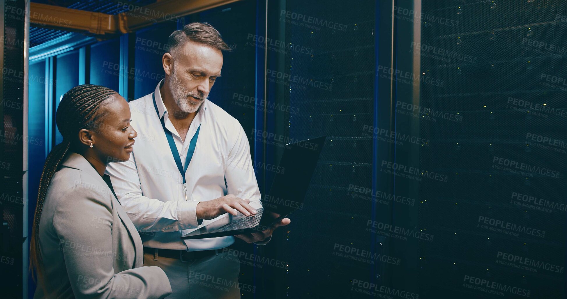Buy stock photo Cybersecurity, laptop and problem solving with people in server room together for network upgrade. Administration collaboration and computer with tech support team in data center for maintenance