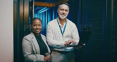 Buy stock photo Portrait, laptop and people in server room, programming and cooperation with engineering. IT specialist, system solution and employees with tech, data center or hardware upgrade with business network