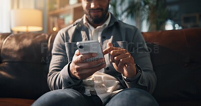 Buy stock photo Sofa, phone and hands of man scroll on social media, online connection and text message on weekend. Living room, relaxing and person on smartphone for website, contact and communication in home