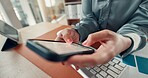 Business, hands and woman in office, smartphone and message to contact, financial agency and texting. Closeup, person or employee in workplace, cellphone or digital app for trading, chatting or email