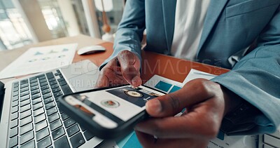 Buy stock photo Business person, hands and phone screen with food menu for takeaway delivery or online shopping. Closeup, employee or shopper with mobile smartphone display, website or ecommerce restaurant in office