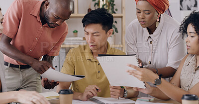 Buy stock photo Business people, multitasking and man with chaos, pressure and overworked with documents. Anxiety, burnout and worker with report, schedule and time management with deadline and conversation