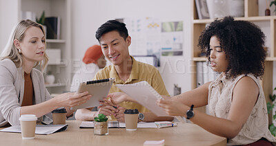 Buy stock photo Paperwork, meeting or editing team with tablet in creative agency, article feedback and changes for feature. Magazine, publication, people and review manuscript draft for grammar, fact check and tech